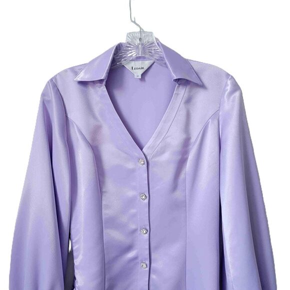 LEDAíR Lilac Long Sleeve V Neck Button Front Draped Hem Dress Blouse Medium - Picture 4 of 12